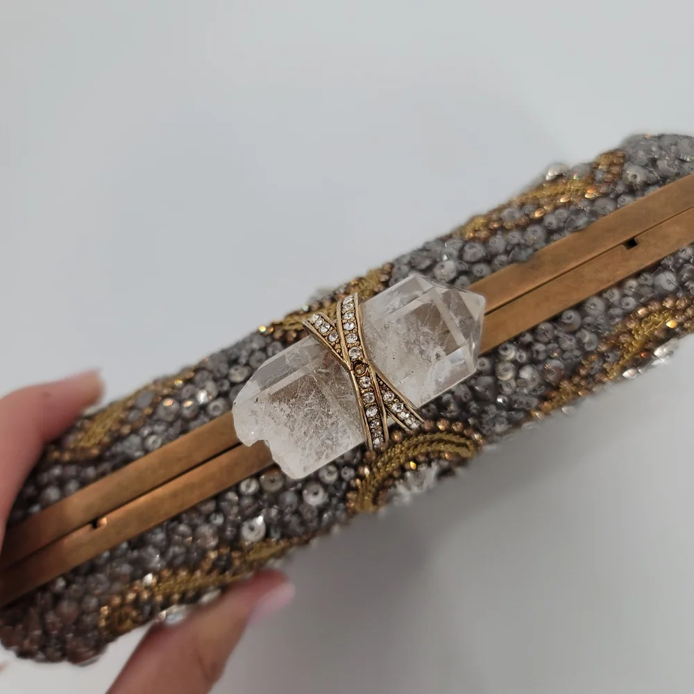 Marchesa Crystal Embellished Gold Evening Clutch with Strap and Dustbag
